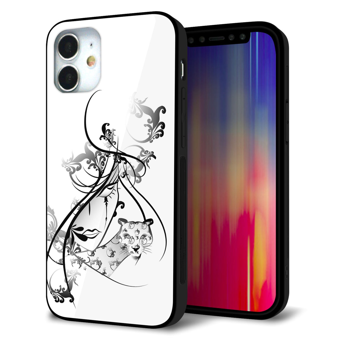 iPhone12 mini 強化ガラス＆TPUスマホケース ガラプリ【VA832 パンサーと美女】
