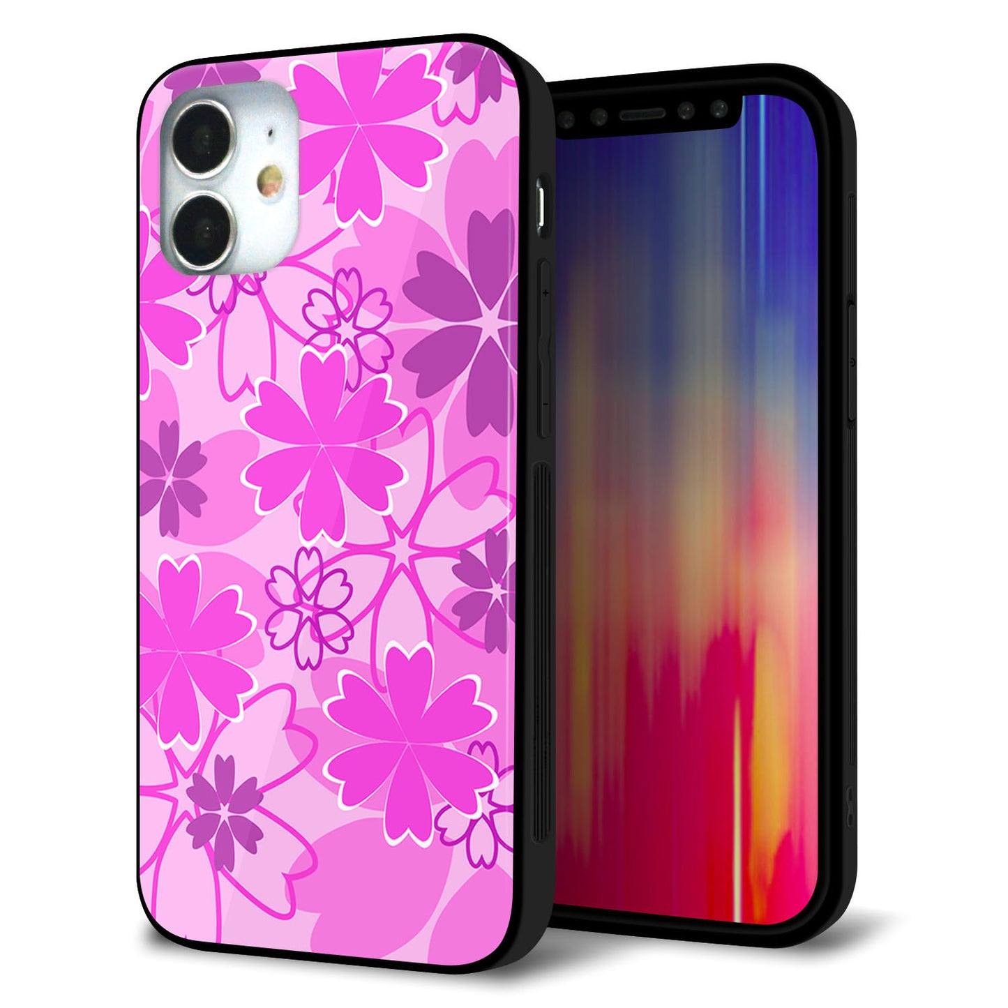 iPhone12 mini 強化ガラス＆TPUスマホケース ガラプリ【VA961 重なり合う花 ピンク】