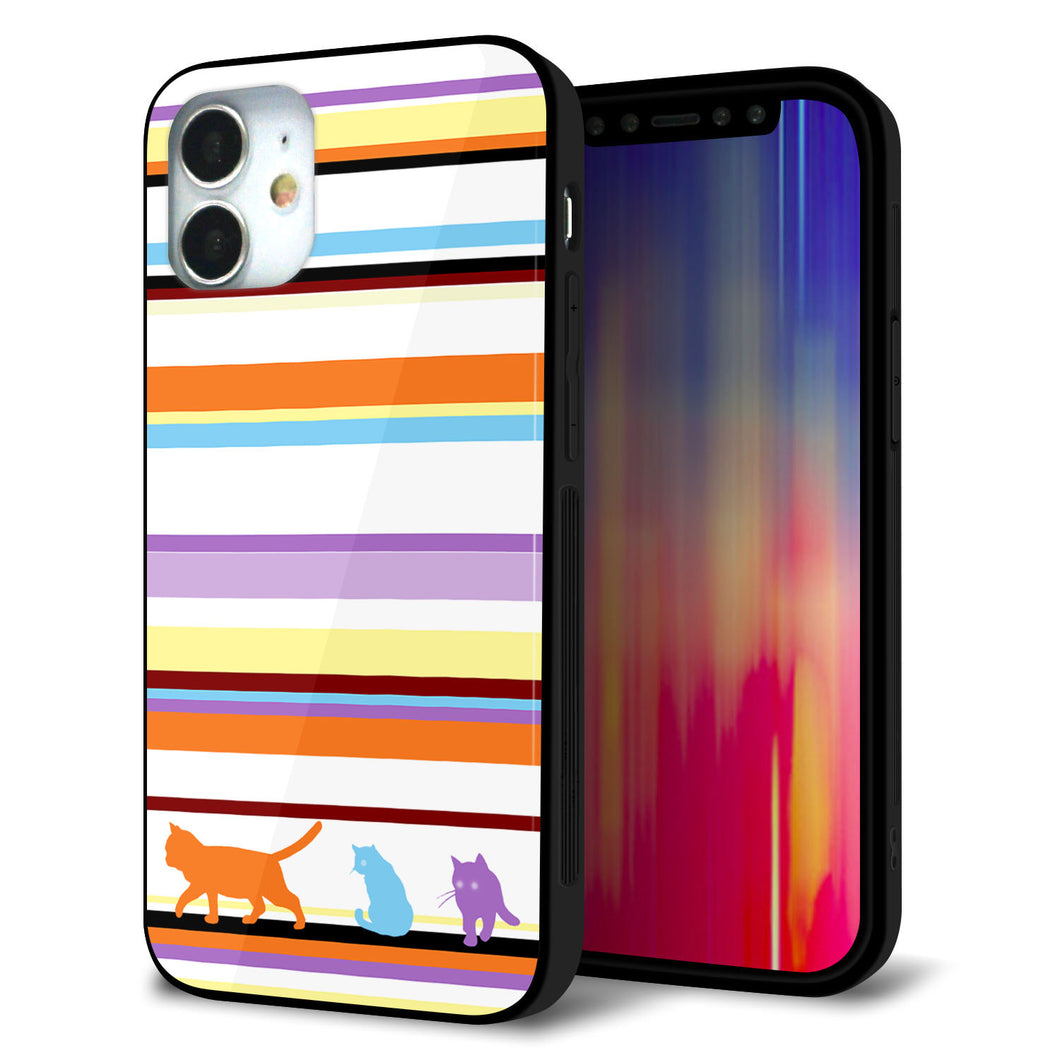 iPhone12 mini 強化ガラス＆TPUスマホケース ガラプリ【YA887 ストライプネコ01】