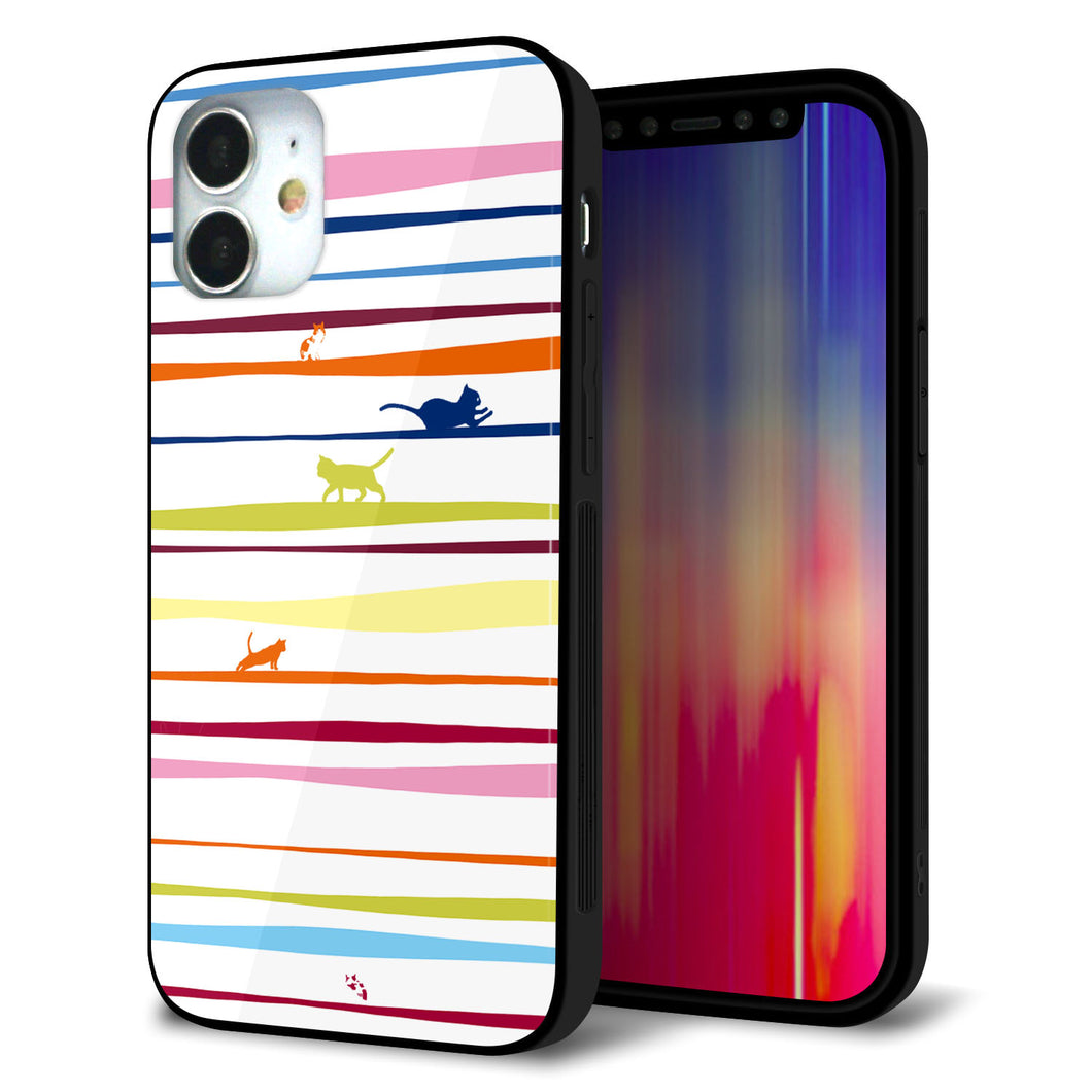 iPhone12 mini 強化ガラス＆TPUスマホケース ガラプリ【YA893 ストライプネコ02 L】