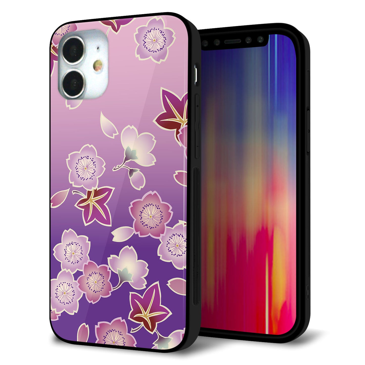 iPhone12 mini 強化ガラス＆TPUスマホケース ガラプリ【YJ324 和柄 桜 もみじ】