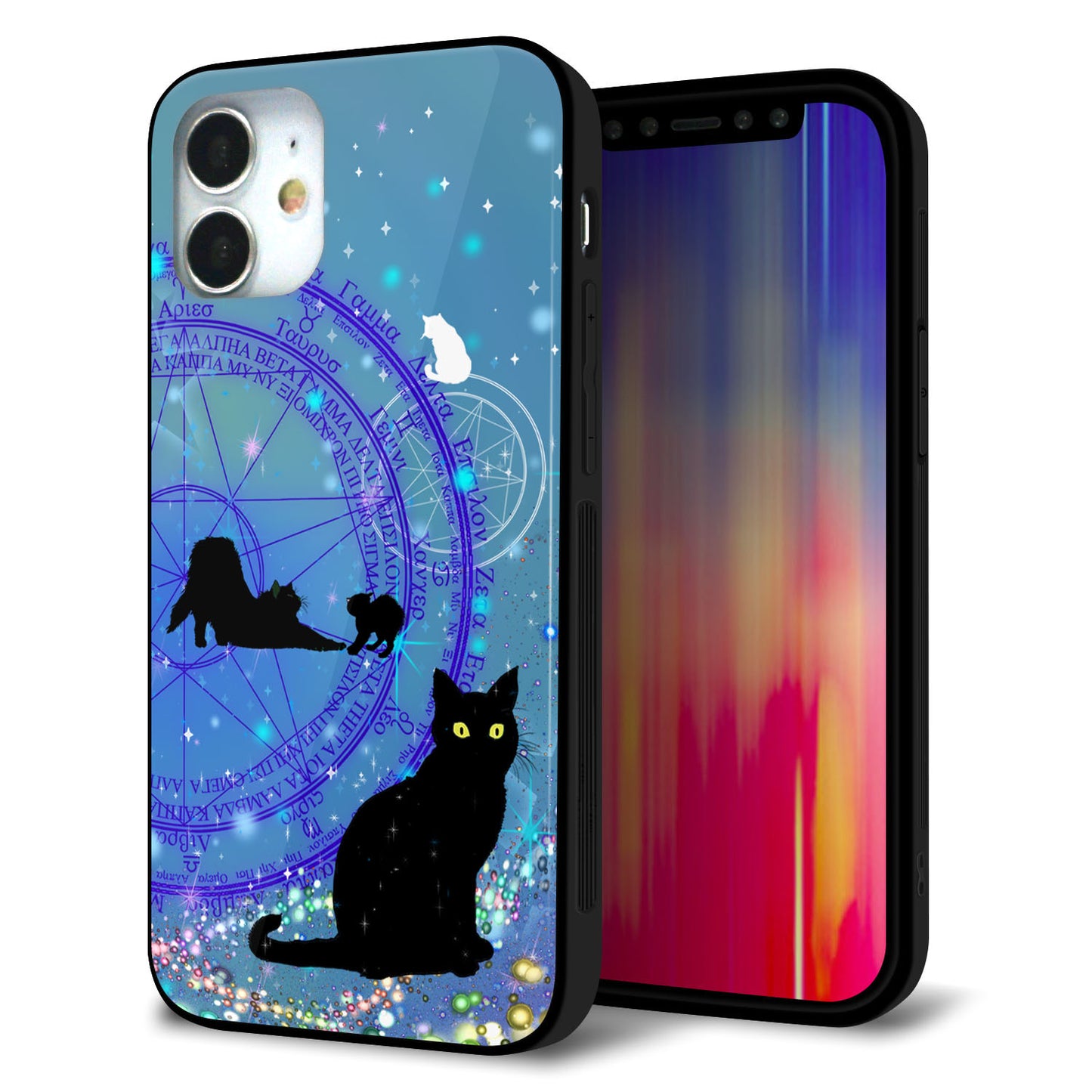 iPhone12 mini 強化ガラス＆TPUスマホケース ガラプリ【YJ327 魔法陣猫 キラキラ かわいい】