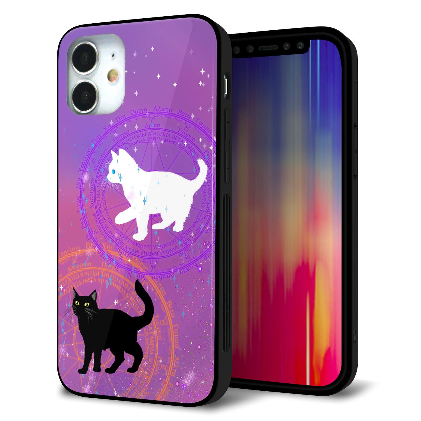 iPhone12 mini 強化ガラス＆TPUスマホケース ガラプリ【YJ328 魔法陣猫 キラキラ かわいい ピンク】