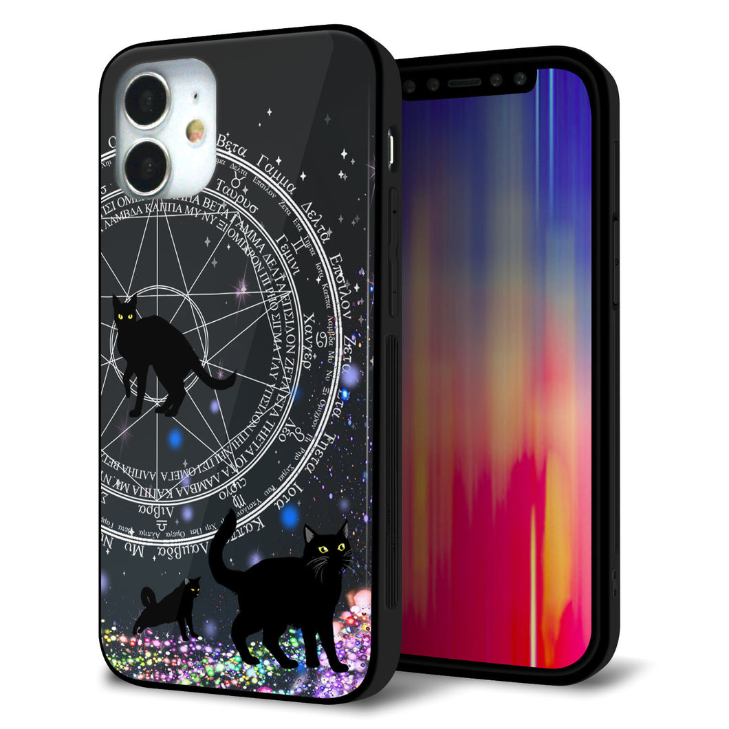 iPhone12 mini 強化ガラス＆TPUスマホケース ガラプリ【YJ330 魔法陣猫 キラキラ 黒猫】