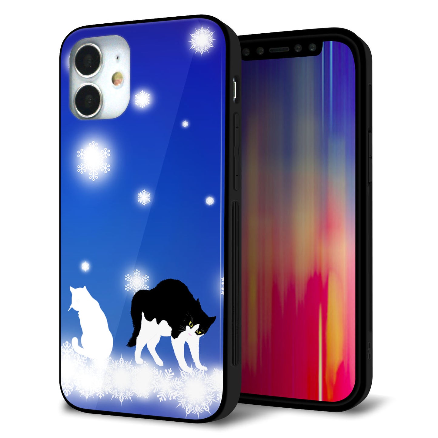 iPhone12 mini 強化ガラス＆TPUスマホケース ガラプリ【YJ335 雪の結晶 はちわれ】