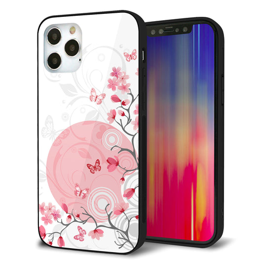 iPhone12 Pro 強化ガラス＆TPUスマホケース ガラプリ【030 花と蝶（うす桃色）】