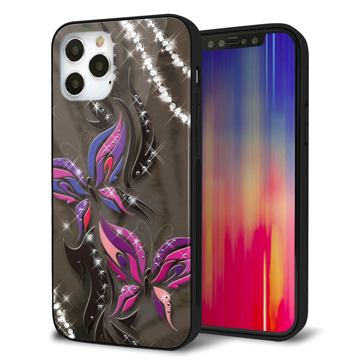 iPhone12 Pro 強化ガラス＆TPUスマホケース ガラプリ【1164 キラめくストーンと蝶】