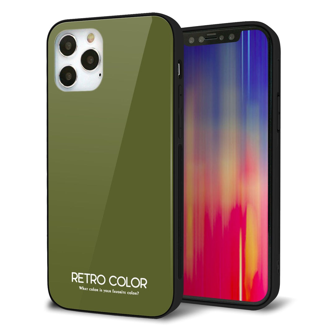 iPhone12 Pro 強化ガラス＆TPUスマホケース ガラプリ【KM916 レトロカラー(カーキ)】