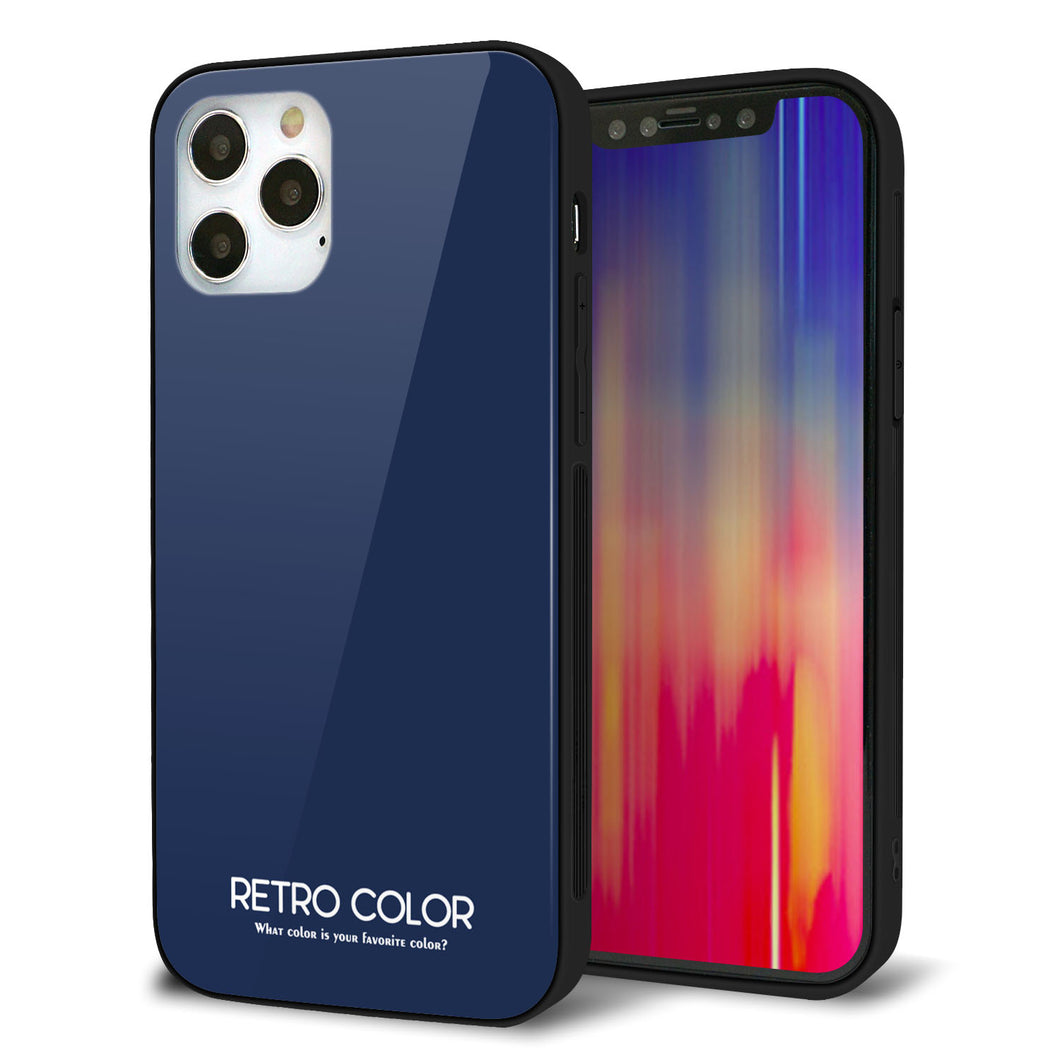 iPhone12 Pro 強化ガラス＆TPUスマホケース ガラプリ【KM918 レトロカラー(ネイビー)】