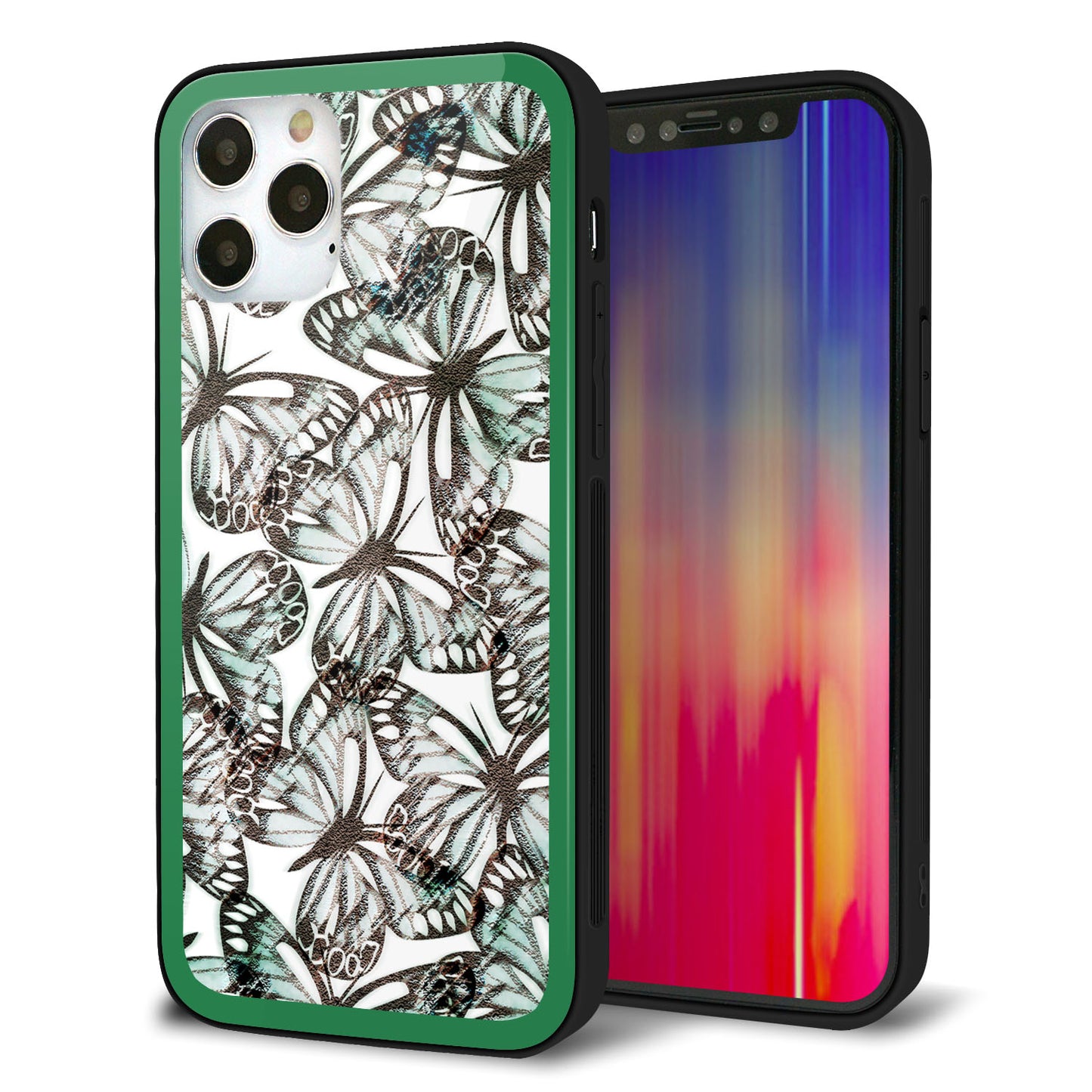 iPhone12 Pro 強化ガラス＆TPUスマホケース ガラプリ【SC902 ガーデンバタフライ グリーン】