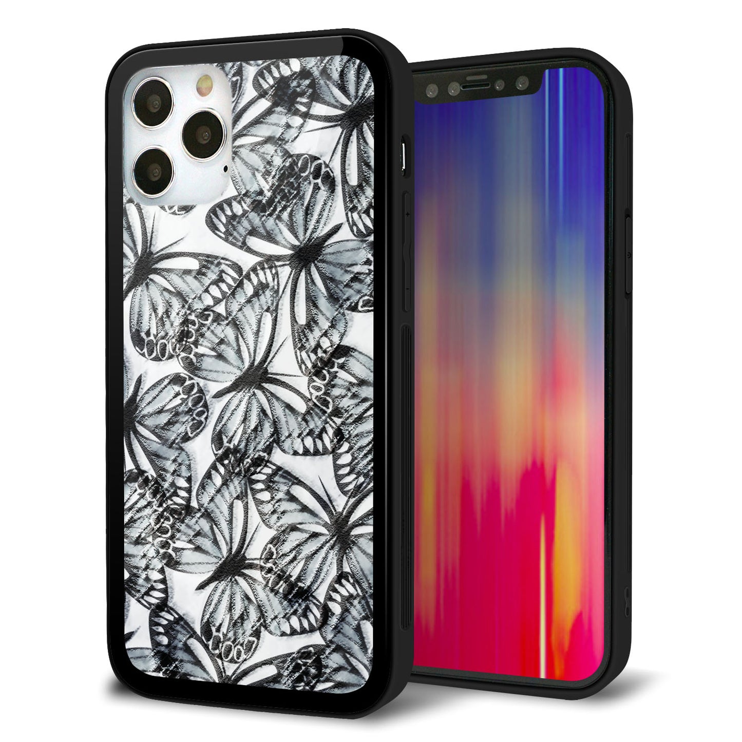 iPhone12 Pro 強化ガラス＆TPUスマホケース ガラプリ【SC905 ガーデンバタフライ ブラック】