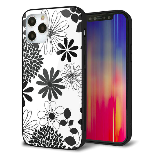 iPhone12 Pro 強化ガラス＆TPUスマホケース ガラプリ【SC912 花柄モノトーン 01】