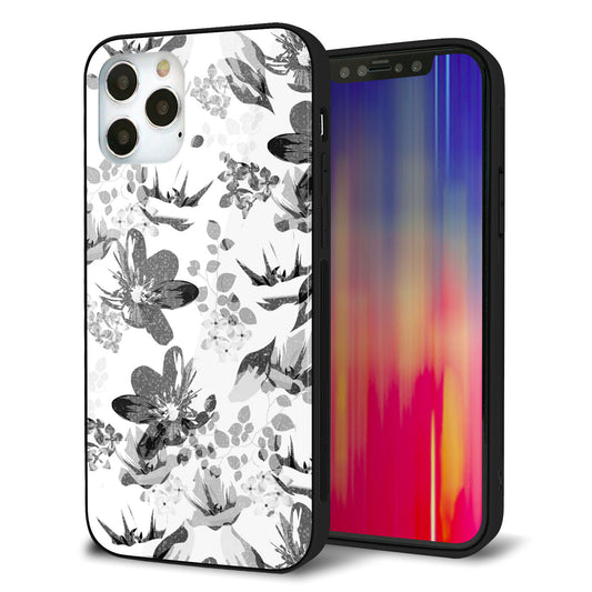 iPhone12 Pro 強化ガラス＆TPUスマホケース ガラプリ【SC914 花柄モノトーン 03】