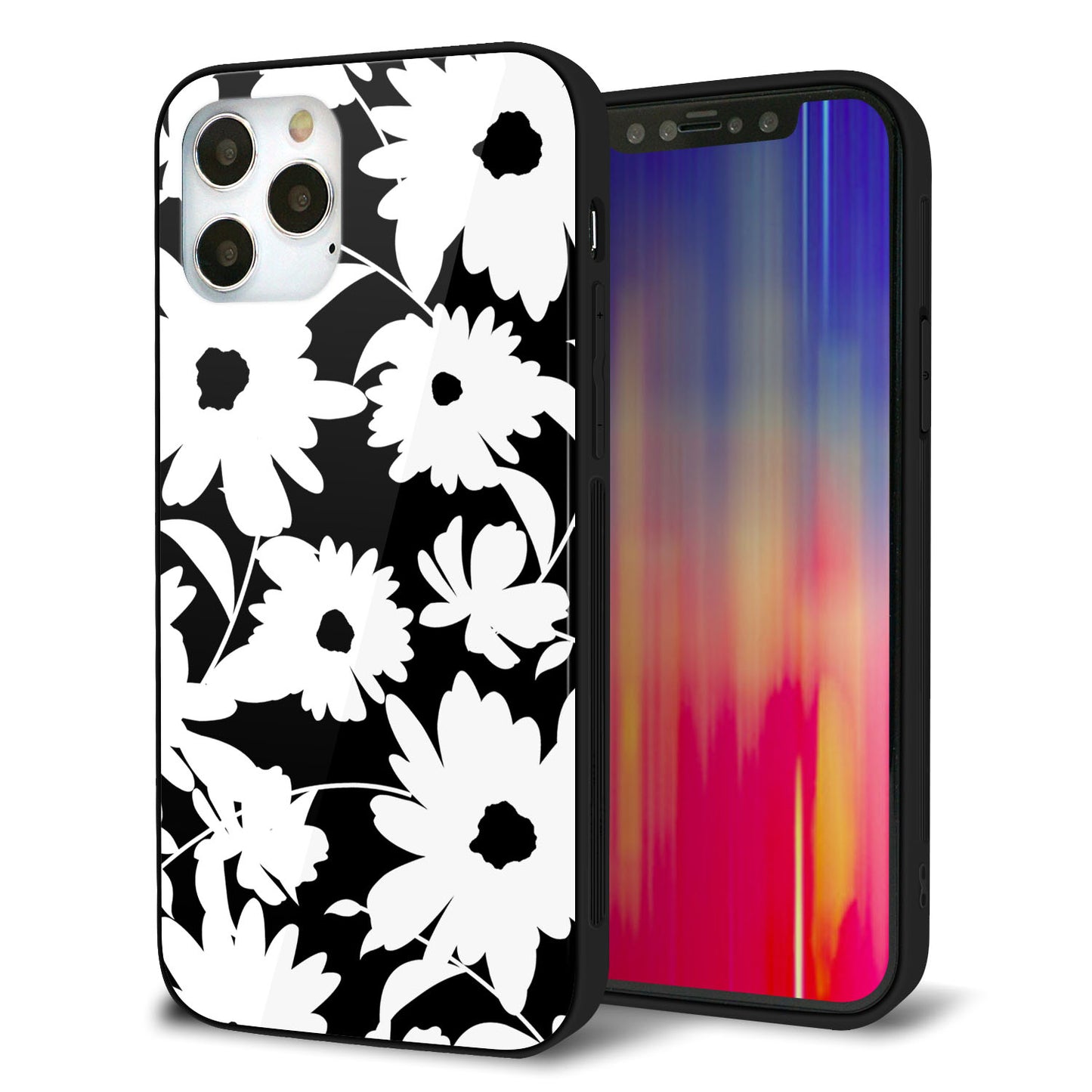 iPhone12 Pro 強化ガラス＆TPUスマホケース ガラプリ【SC915 花柄モノトーン 04】