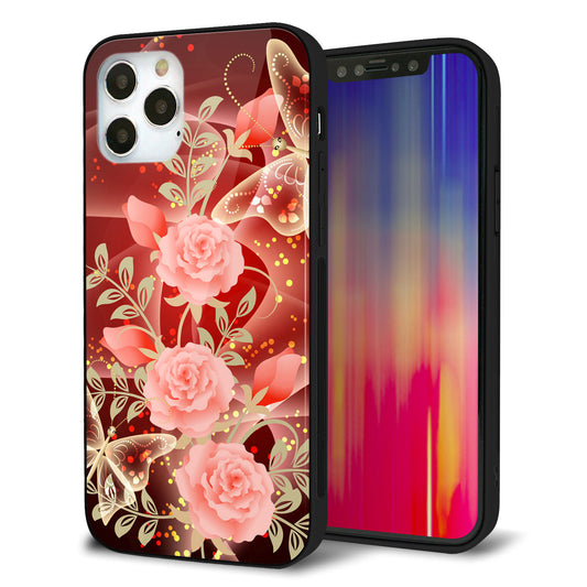 iPhone12 Pro 強化ガラス＆TPUスマホケース ガラプリ【VA824 魅惑の蝶とピンクのバラ】