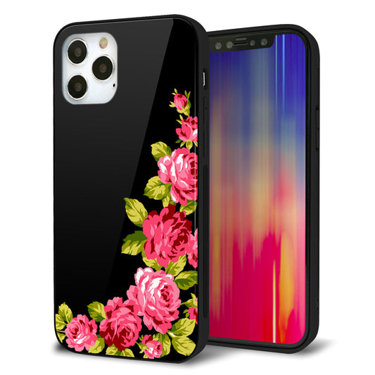 iPhone12 Pro 強化ガラス＆TPUスマホケース ガラプリ【VA826 バラのフレーム(黒)】