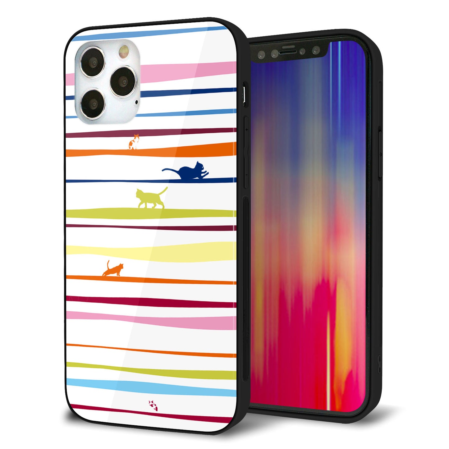 iPhone12 Pro 強化ガラス＆TPUスマホケース ガラプリ【YA893 ストライプネコ02 L】