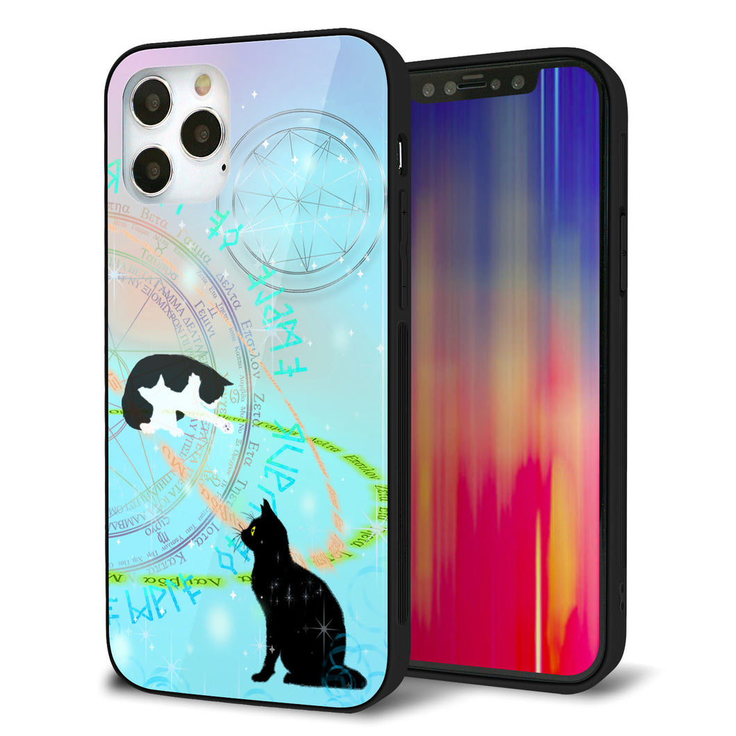 iPhone12 Pro 強化ガラス＆TPUスマホケース ガラプリ【YJ329 魔法陣猫 キラキラ パステル】