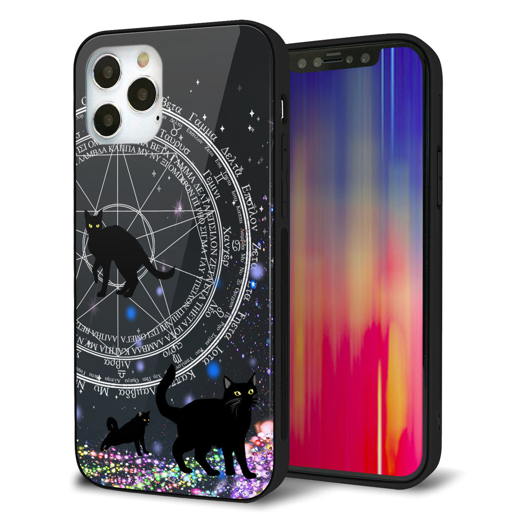 iPhone12 Pro 強化ガラス＆TPUスマホケース ガラプリ【YJ330 魔法陣猫 キラキラ 黒猫】