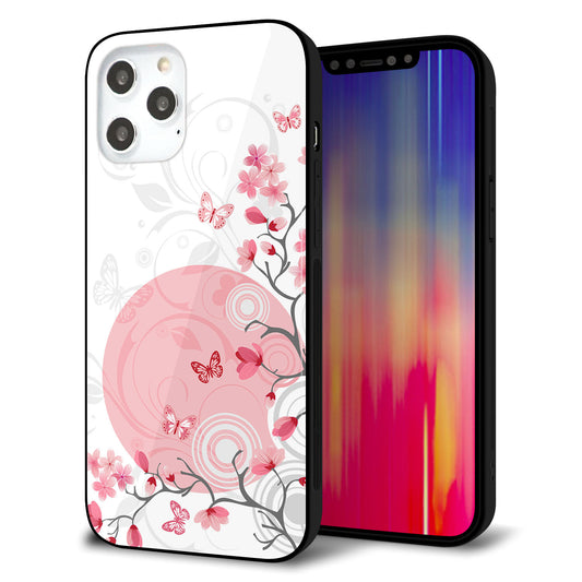 iPhone12 Pro Max 強化ガラス＆TPUスマホケース ガラプリ【030 花と蝶（うす桃色）】