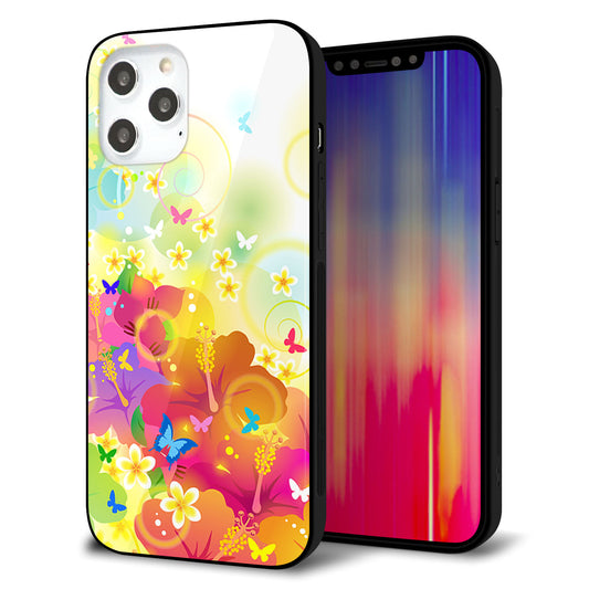 iPhone12 Pro Max 強化ガラス＆TPUスマホケース ガラプリ【647 ハイビスカスと蝶】
