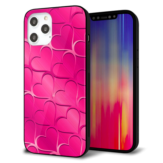 iPhone12 Pro Max 強化ガラス＆TPUスマホケース ガラプリ【1347 かくれハート（ショッキングピンク）】