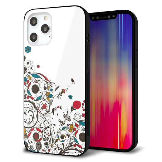 iPhone12 Pro Max 強化ガラス＆TPUスマホケース ガラプリ【EK908 カラフルな花と鳥】