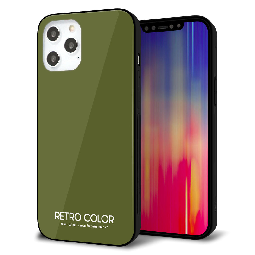 iPhone12 Pro Max 強化ガラス＆TPUスマホケース ガラプリ【KM916 レトロカラー(カーキ)】