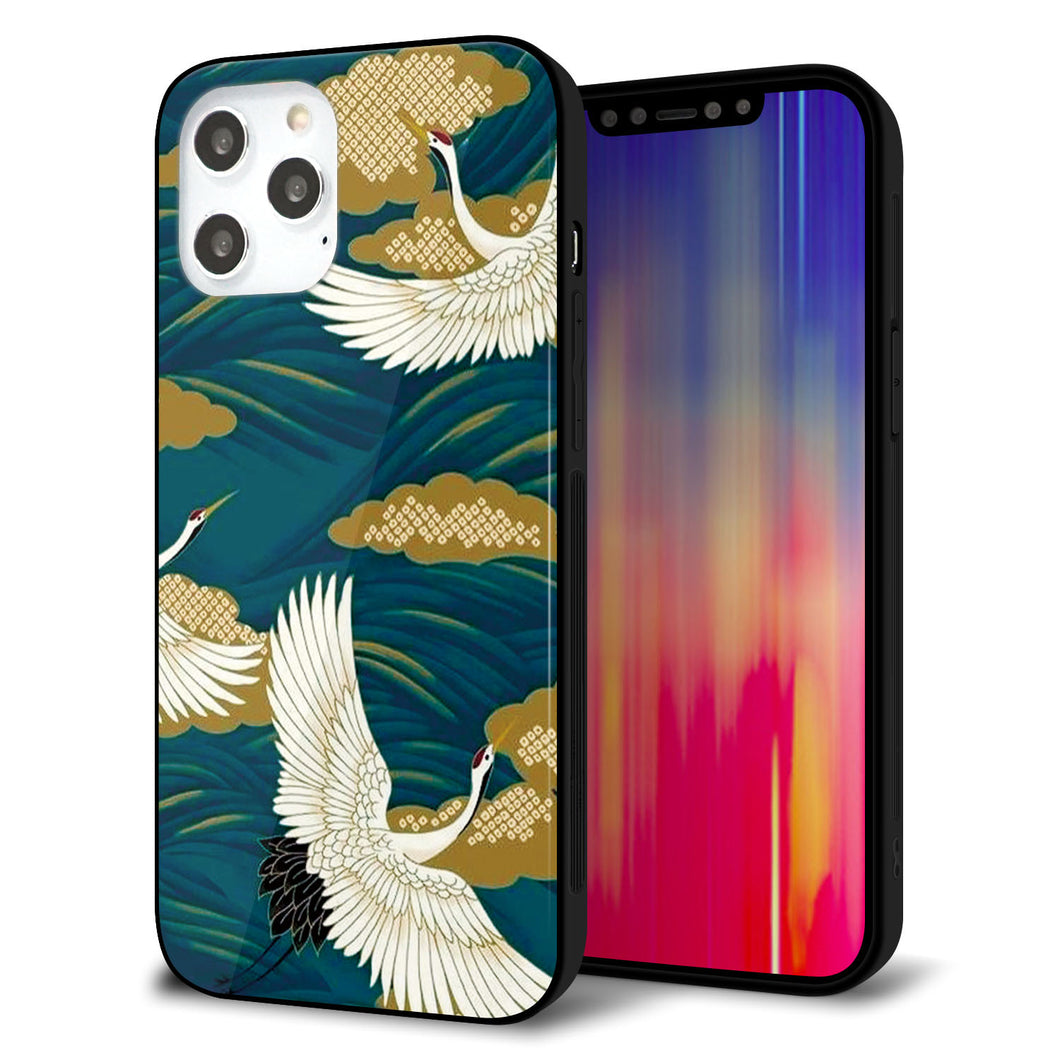 iPhone12 Pro Max 強化ガラス＆TPUスマホケース ガラプリ【MA964 着物柄 鶴鯉 B】