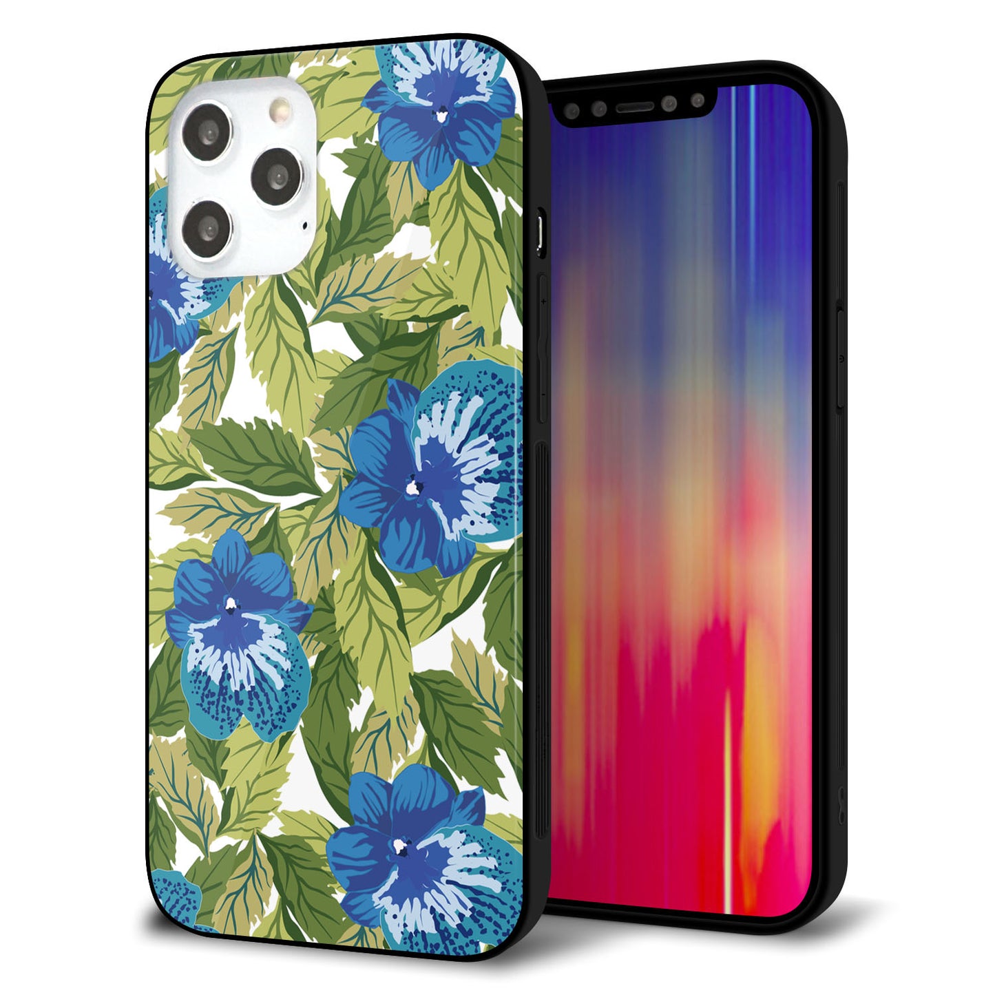 iPhone12 Pro Max 強化ガラス＆TPUスマホケース ガラプリ【SC896 ボタニカル ブルー＆リーフ】