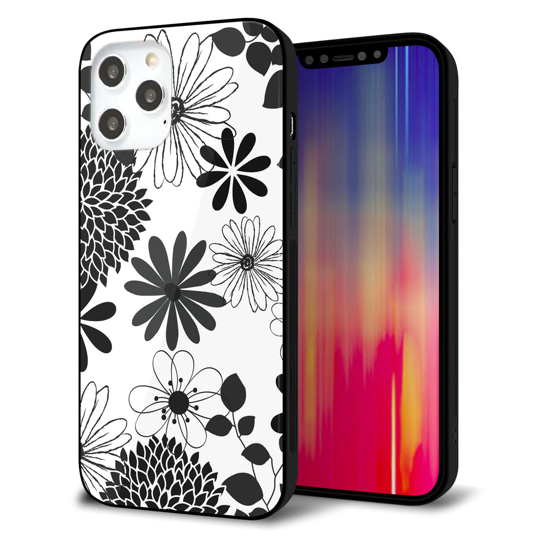 iPhone12 Pro Max 強化ガラス＆TPUスマホケース ガラプリ【SC912 花柄モノトーン 01】