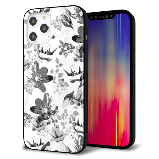 iPhone12 Pro Max 強化ガラス＆TPUスマホケース ガラプリ【SC914 花柄モノトーン 03】