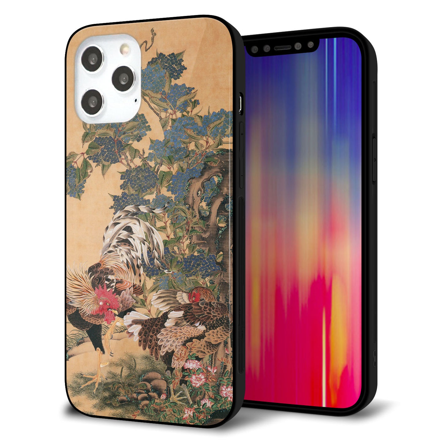 iPhone12 Pro Max 強化ガラス＆TPUスマホケース ガラプリ【TA006 紫陽花双鶏】
