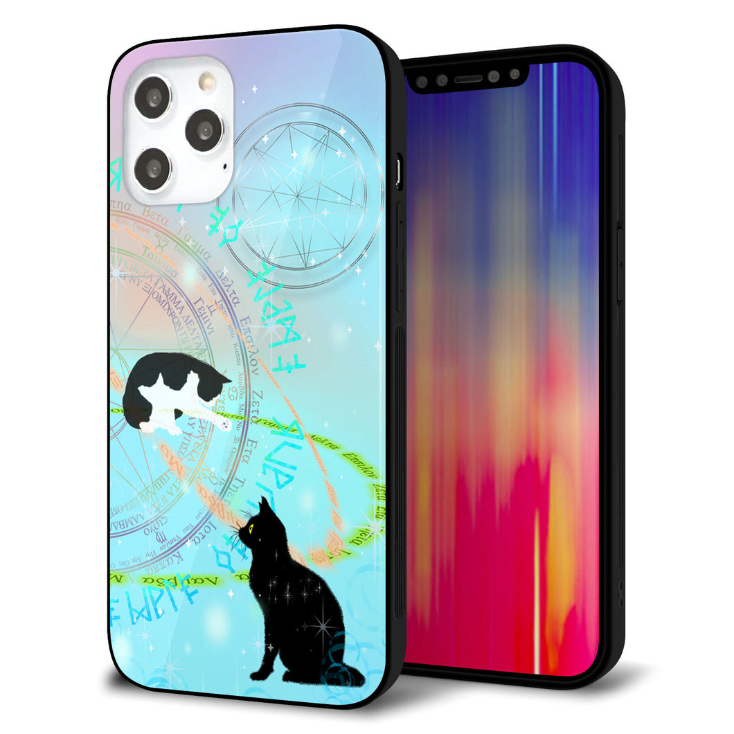 iPhone12 Pro Max 強化ガラス＆TPUスマホケース ガラプリ【YJ329 魔法陣猫 キラキラ パステル】