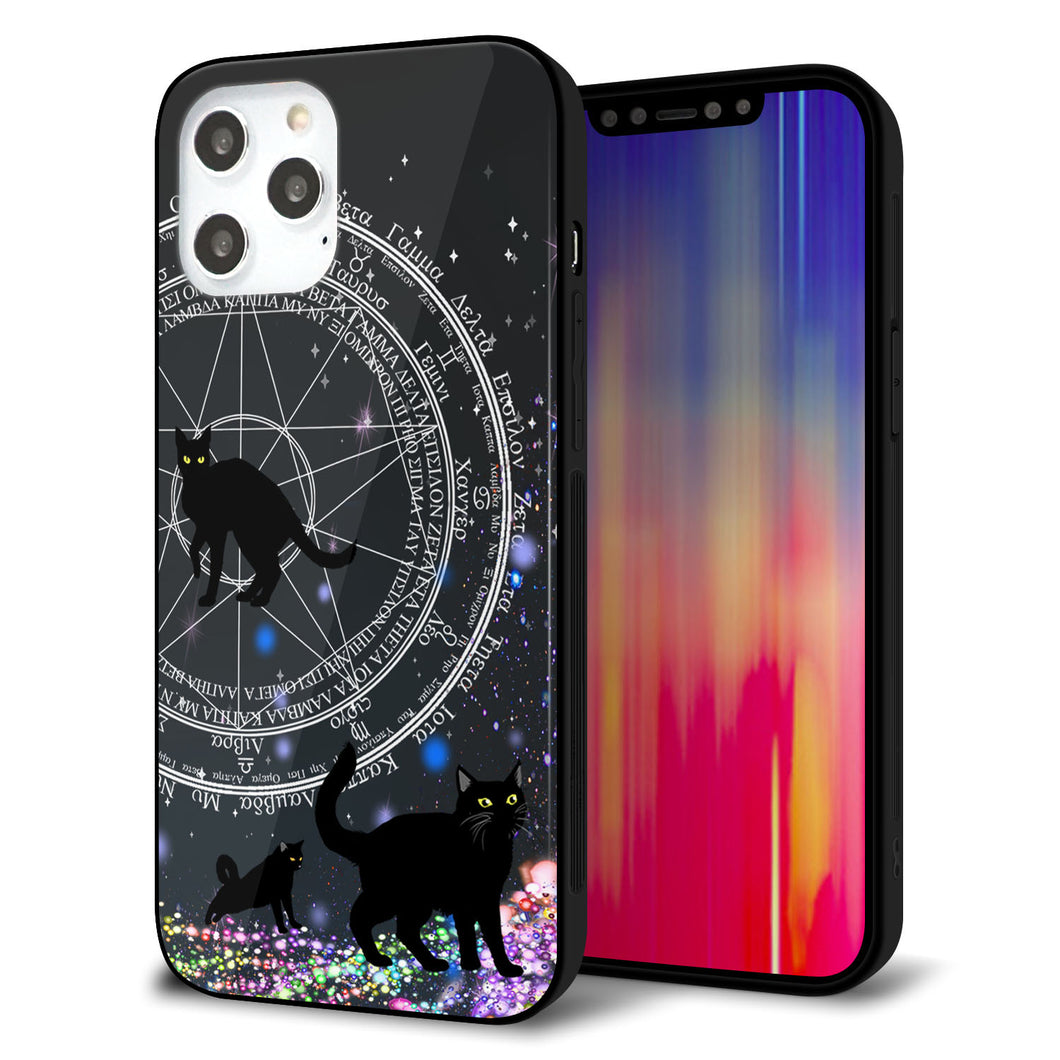 iPhone12 Pro Max 強化ガラス＆TPUスマホケース ガラプリ【YJ330 魔法陣猫 キラキラ 黒猫】