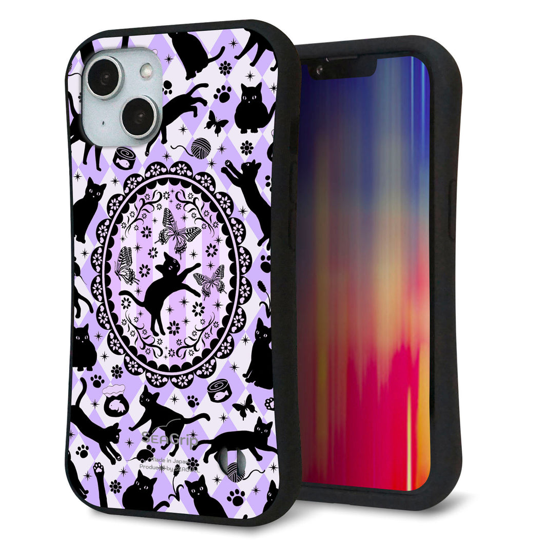 iPhone14 スマホケース 「SEA Grip」 グリップケース Sライン 【AG879 ネコがいっぱいダイヤ柄 パープル】 UV印刷