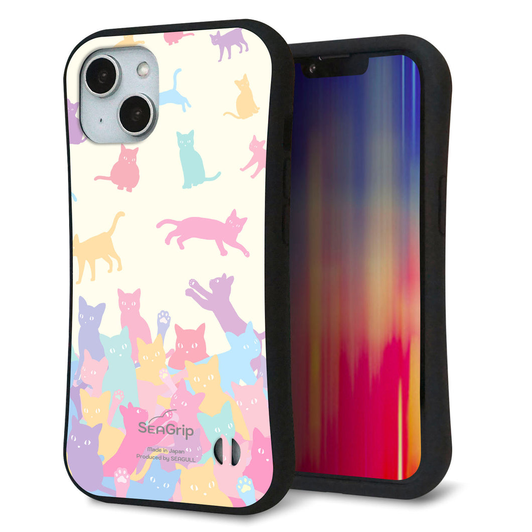iPhone14 スマホケース 「SEA Grip」 グリップケース Sライン 【AG885 ネコ積もり マルチカラー】 UV印刷