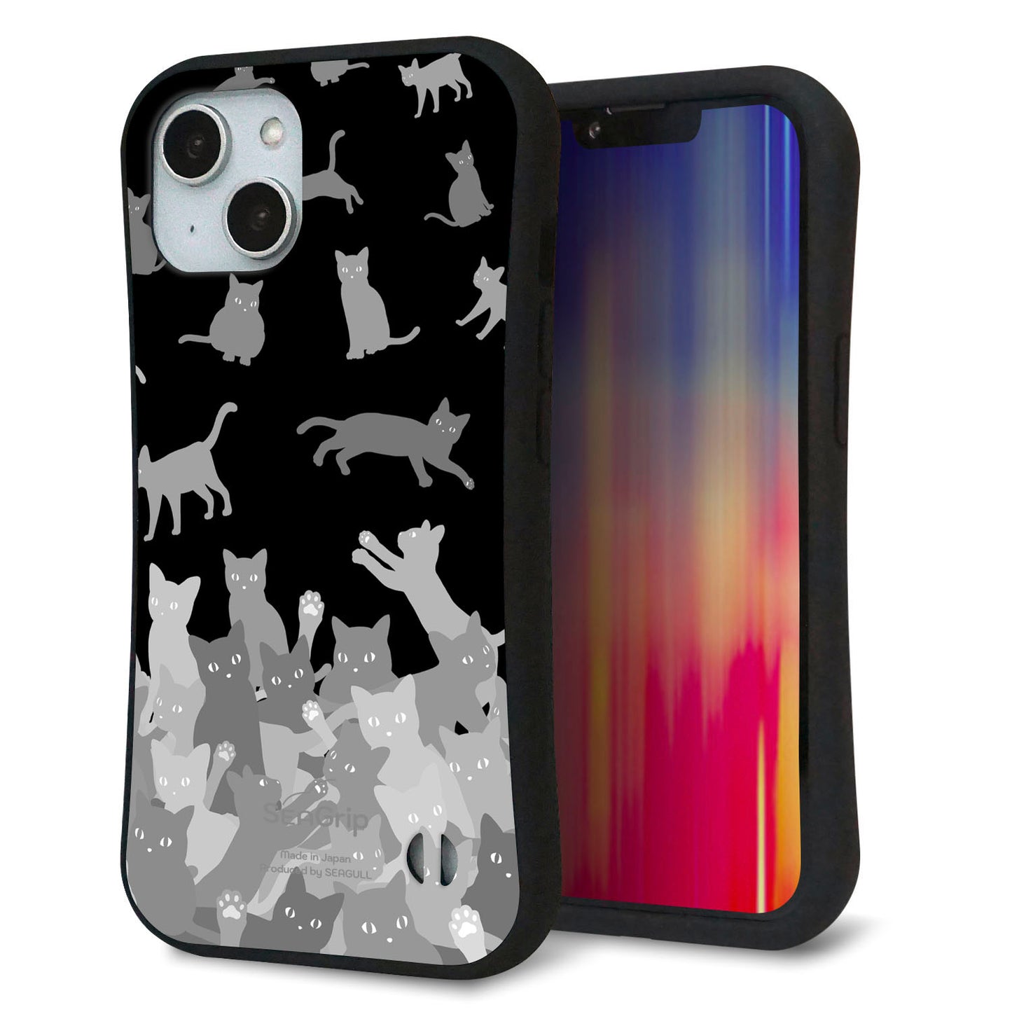 iPhone14 スマホケース 「SEA Grip」 グリップケース Sライン 【AG887 ネコ積もり 黒】 UV印刷