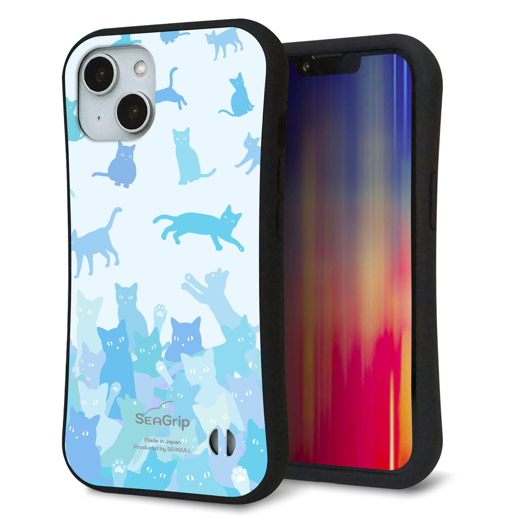 iPhone14 スマホケース 「SEA Grip」 グリップケース Sライン 【AG888 ネコ積もり 水色】 UV印刷