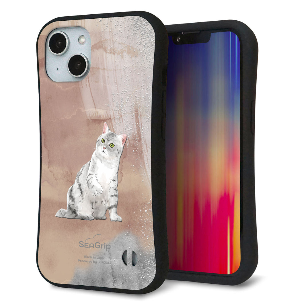 iPhone14 スマホケース 「SEA Grip」 グリップケース Sライン 【HA166 アメリカンショートヘア+くすみカラー】 UV印刷