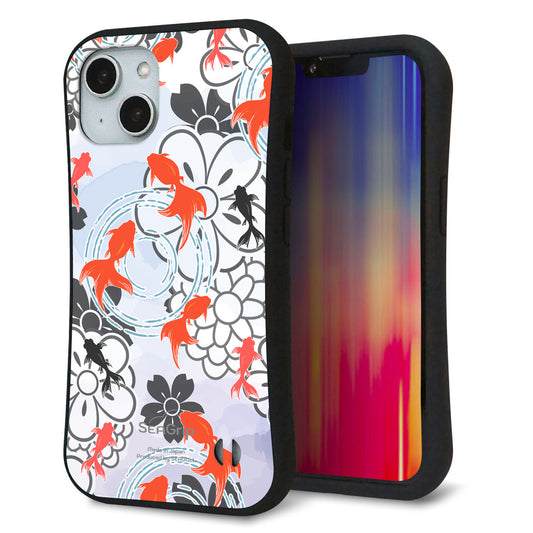 iPhone14 スマホケース 「SEA Grip」 グリップケース Sライン 【HA216 金魚 花柄 グレー 】 UV印刷