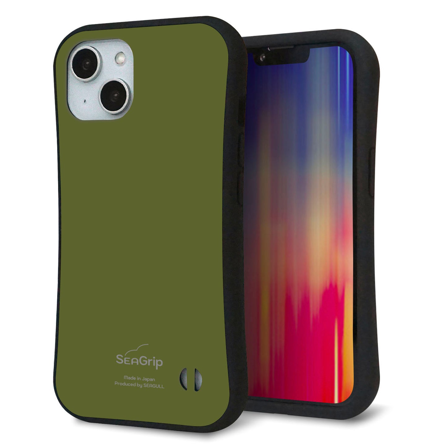 iPhone14 スマホケース 「SEA Grip」 グリップケース Sライン 【KM916 レトロカラー(カーキ)】 UV印刷