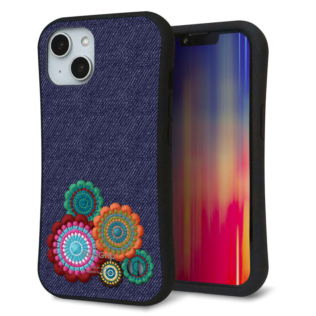 iPhone14 スマホケース 「SEA Grip」 グリップケース Sライン 【KM934 エスニックフラワー デニム】 UV印刷