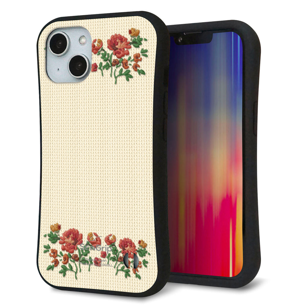 iPhone14 スマホケース 「SEA Grip」 グリップケース Sライン 【KM941 花刺繍風 レッドフラワー オフホワイト 】 UV印刷