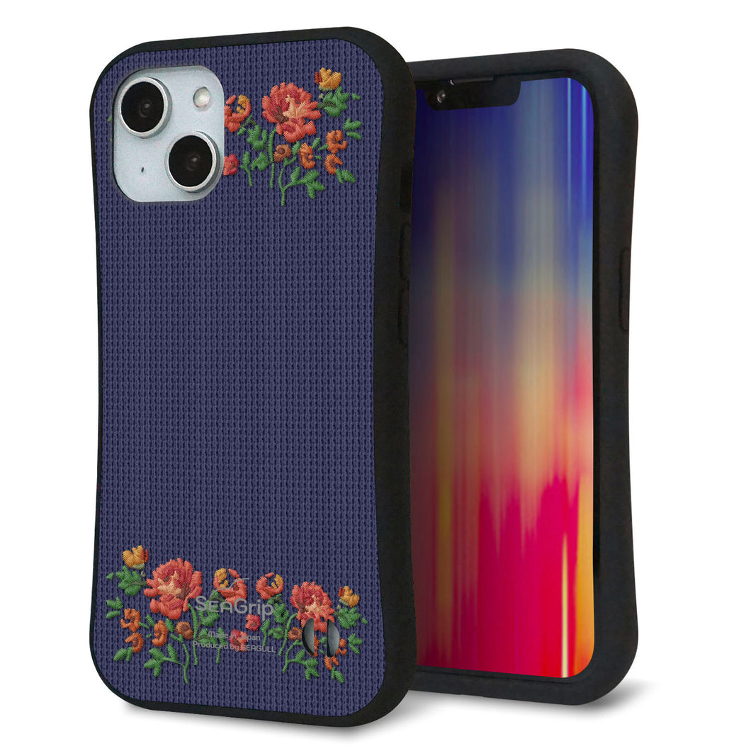 iPhone14 スマホケース 「SEA Grip」 グリップケース Sライン 【KM943 花刺繍風 レッドフラワー ネイビー 】 UV印刷