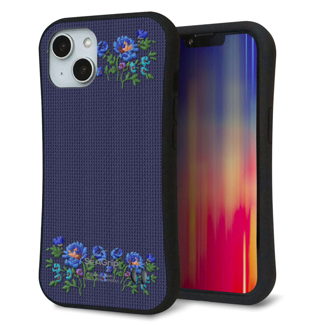 iPhone14 スマホケース 「SEA Grip」 グリップケース Sライン 【KM944 花刺繍風 ブルーフラワー オフホワイト 】 UV印刷