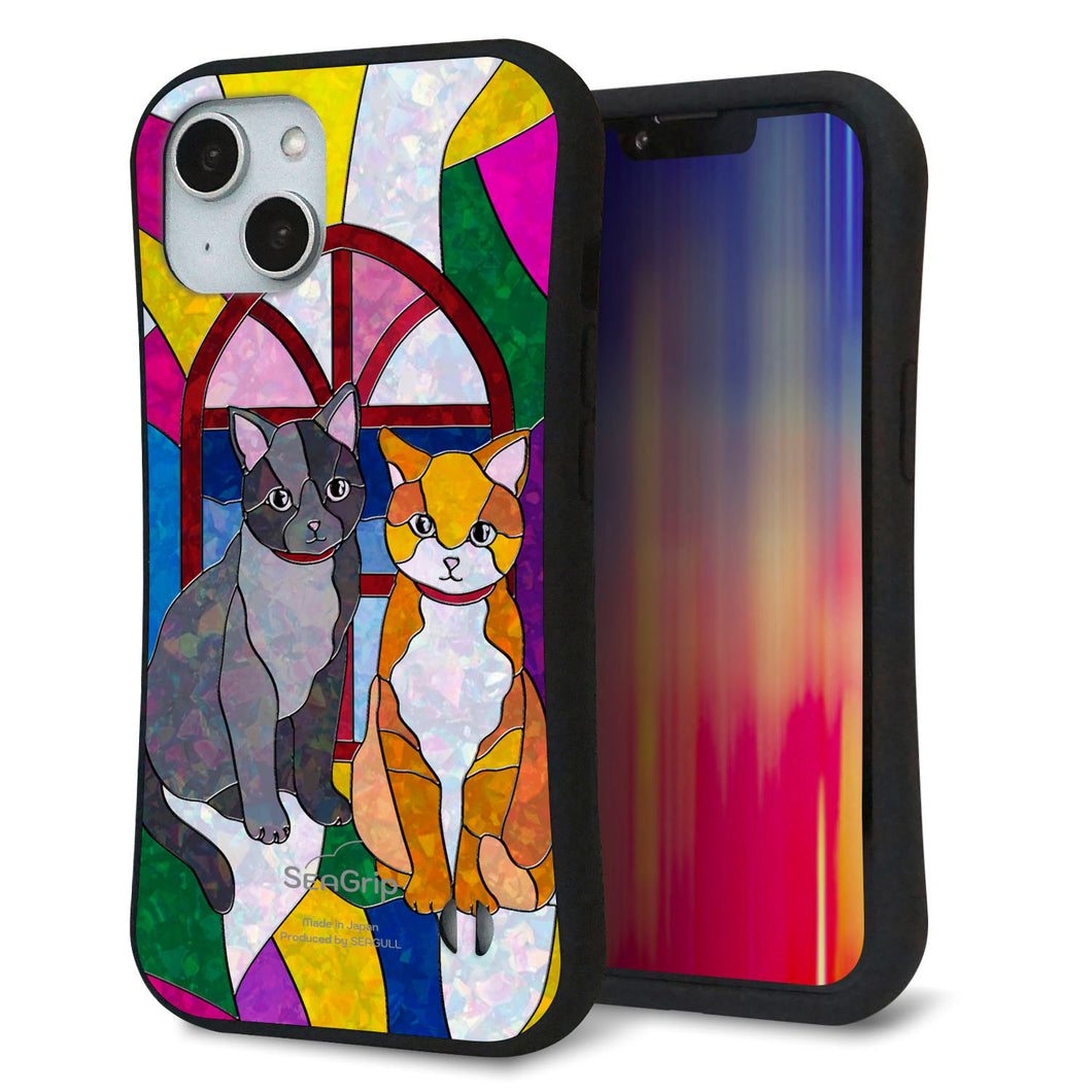 iPhone14 スマホケース 「SEA Grip」 グリップケース Sライン 【MA995 ステンドグラス ネコ】 UV印刷