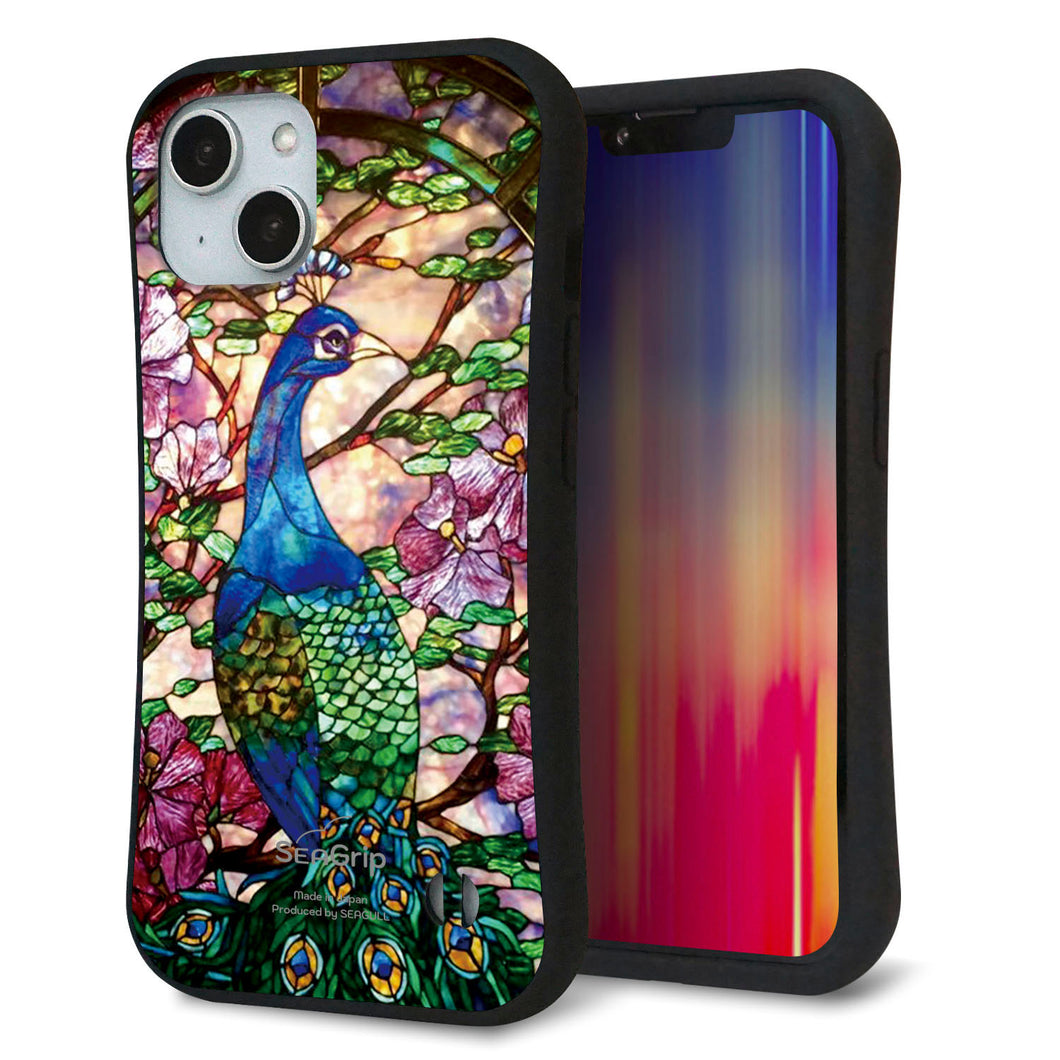 iPhone14 スマホケース 「SEA Grip」 グリップケース Sライン 【MA996 ステンドグラス クジャク】 UV印刷