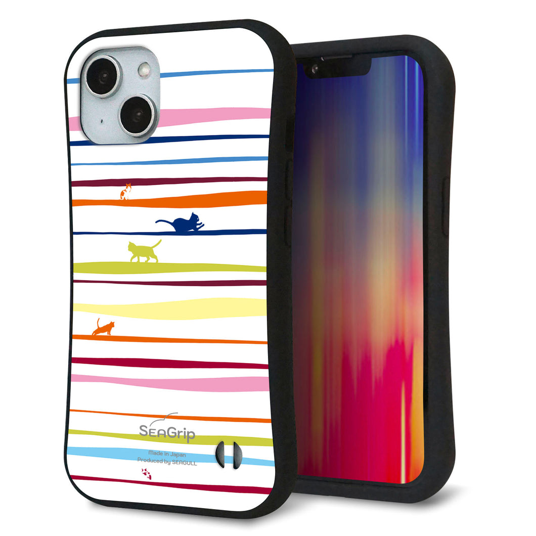 iPhone14 スマホケース 「SEA Grip」 グリップケース Sライン 【YA893 ストライプネコ02 L】 UV印刷