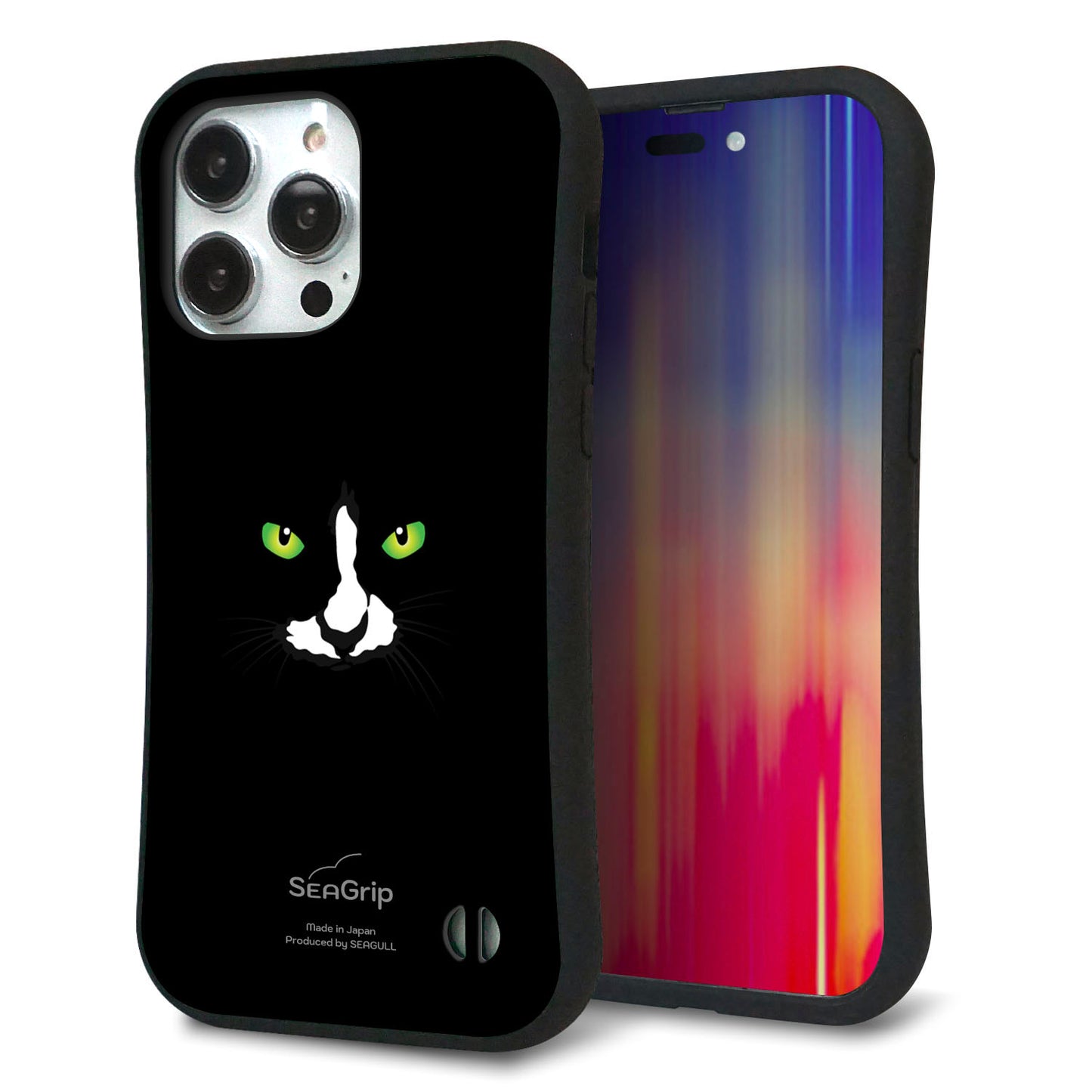 iPhone14 Pro Max スマホケース 「SEA Grip」 グリップケース Sライン 【398 黒ネコ】 UV印刷